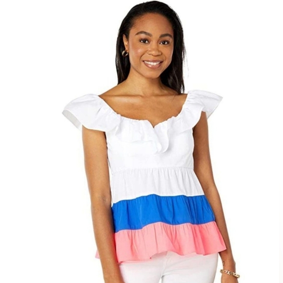 Lilly Pulitzer Emie babydoll Ruffle Top Neon pink, Blue & White Size 10 NWT - Picture 3 of 6